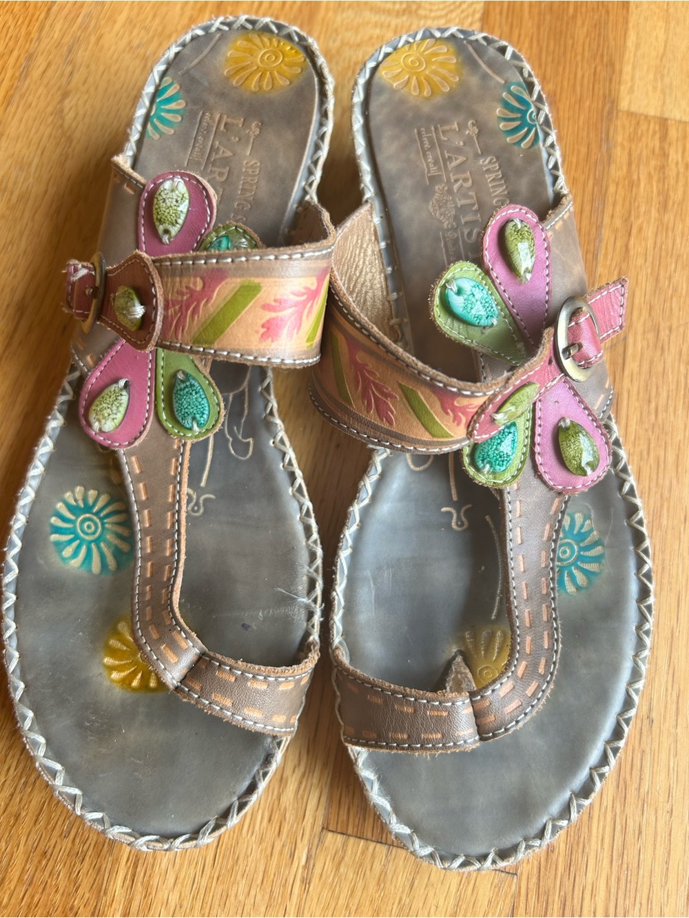 L'ATISTE Brown Leather Sandals with Pink and Green Accents